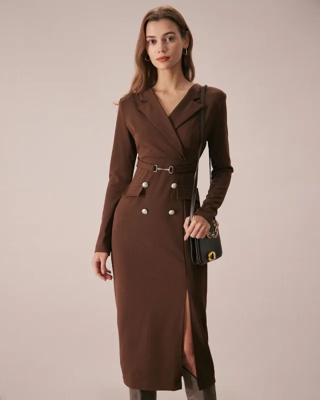 The Coffee Lapel Waist Hugging Midi Dress sold by rihoas