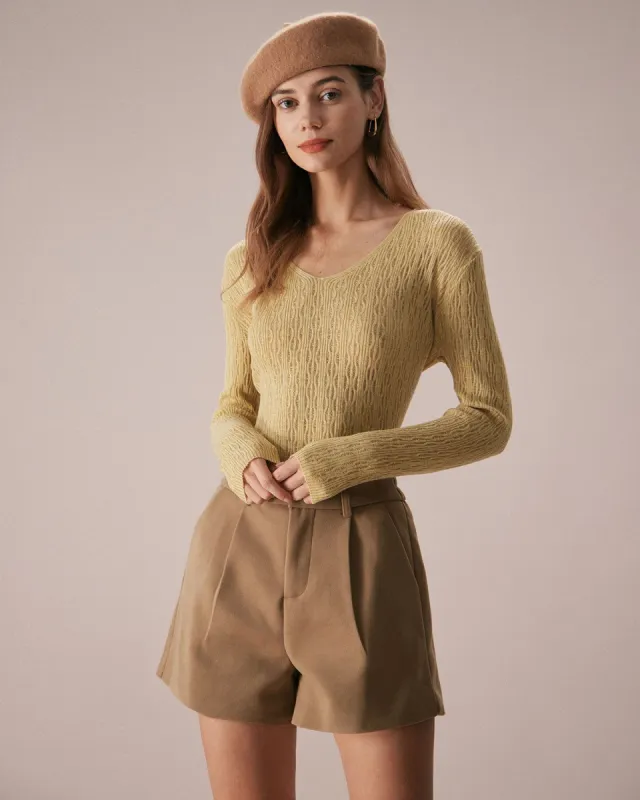 The Yellow V Neck Pointelle Knitted Top sold by rihoas