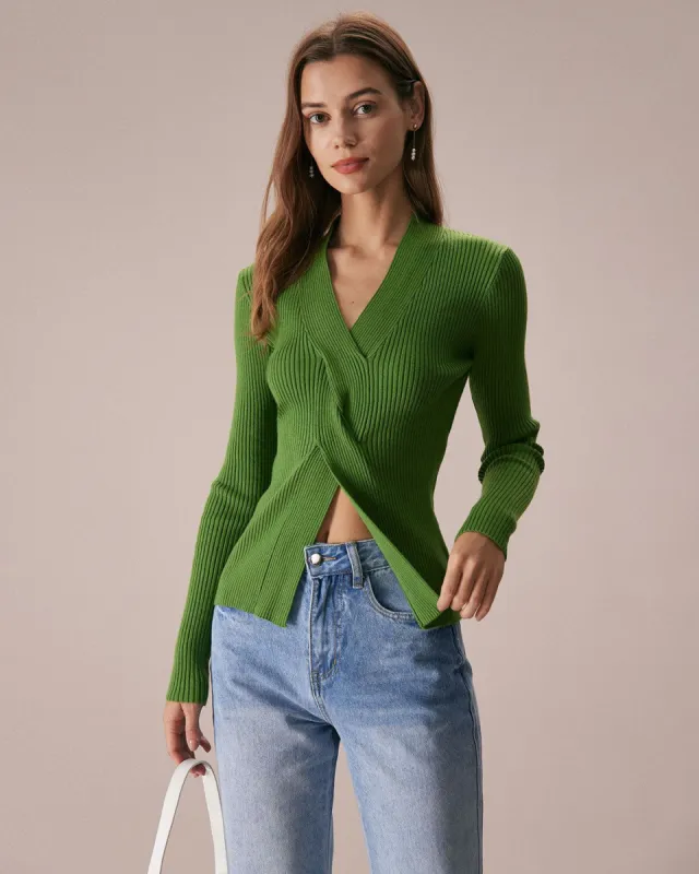 The Green V Neck Long Sleeve Knit Top sold by rihoas