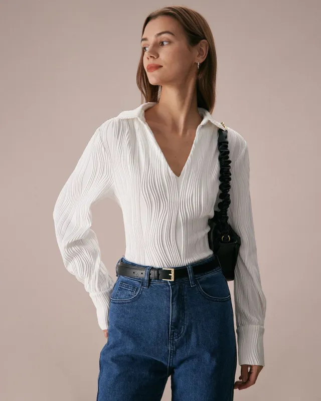 The White V Neck Water Ripple Textured Tee sold by rihoas