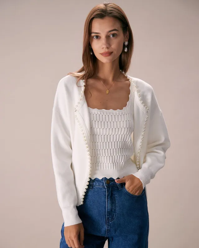 The White Round Neck Pearl Trim Cardigan sold by rihoas