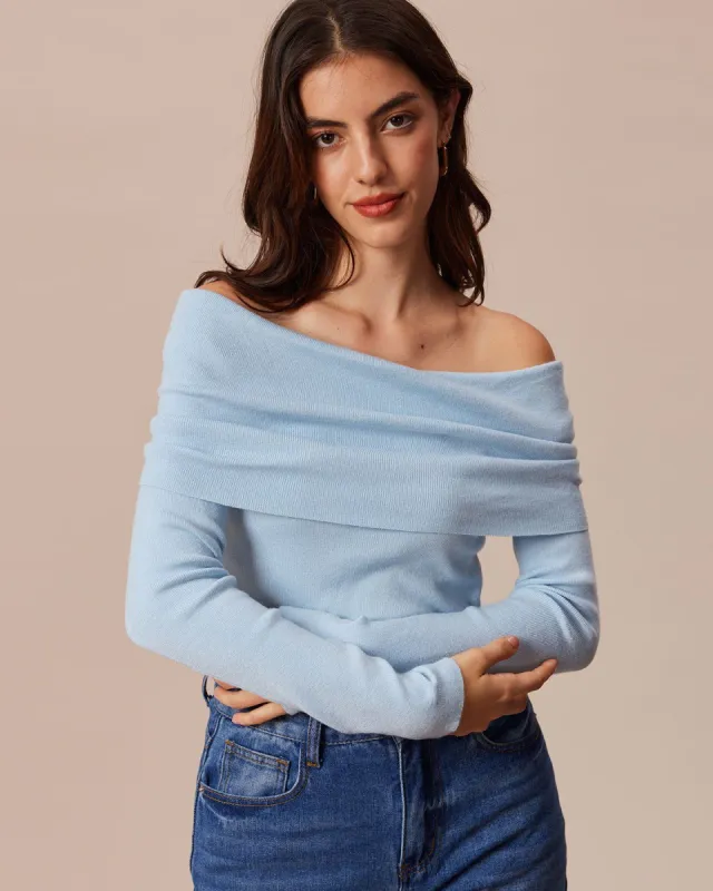 The Blue Off The Shoulder Ruched Knit Top sold by rihoas