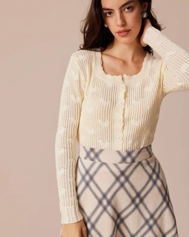 The Beige Square Neck Pointelle Knit Cardigan sold by rihoas
