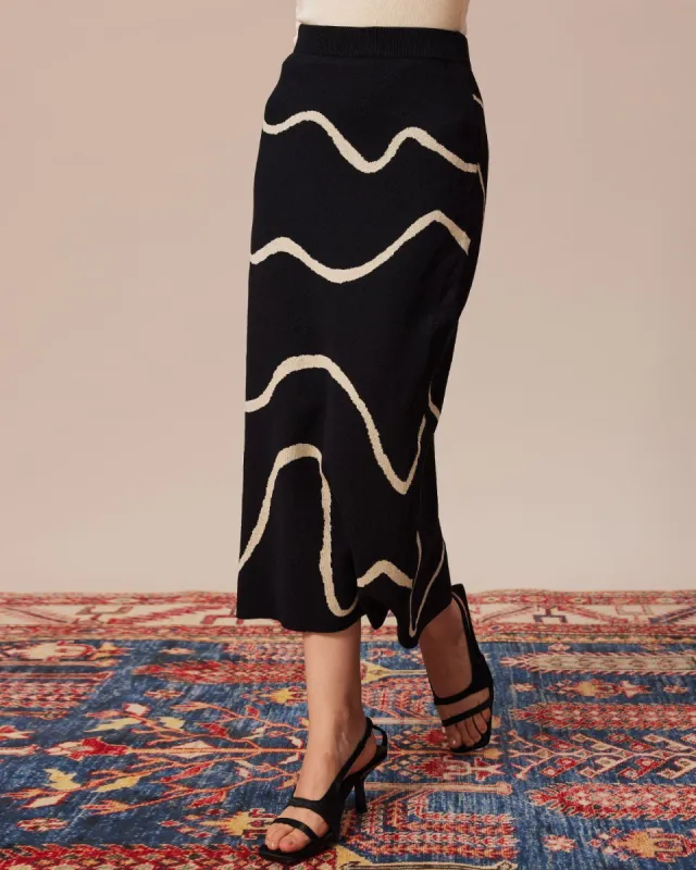 The Black Colorblock Wave Knit Midi Skirt sold by rihoas