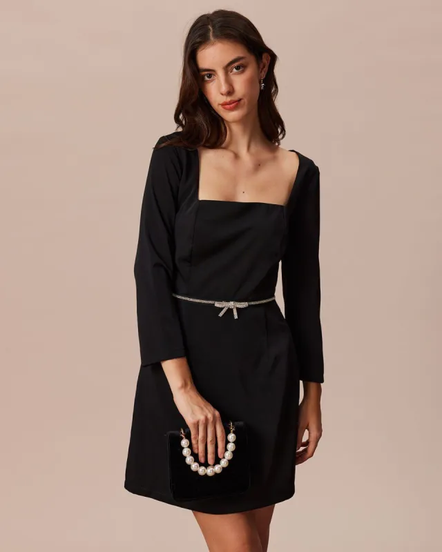 The Black Square Neck Rhinestone Mini Dress sold by rihoas