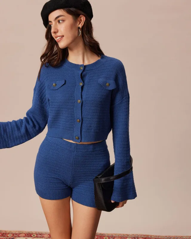 The Blue Round Neck Flare Sleeve Cardigan sold by rihoas