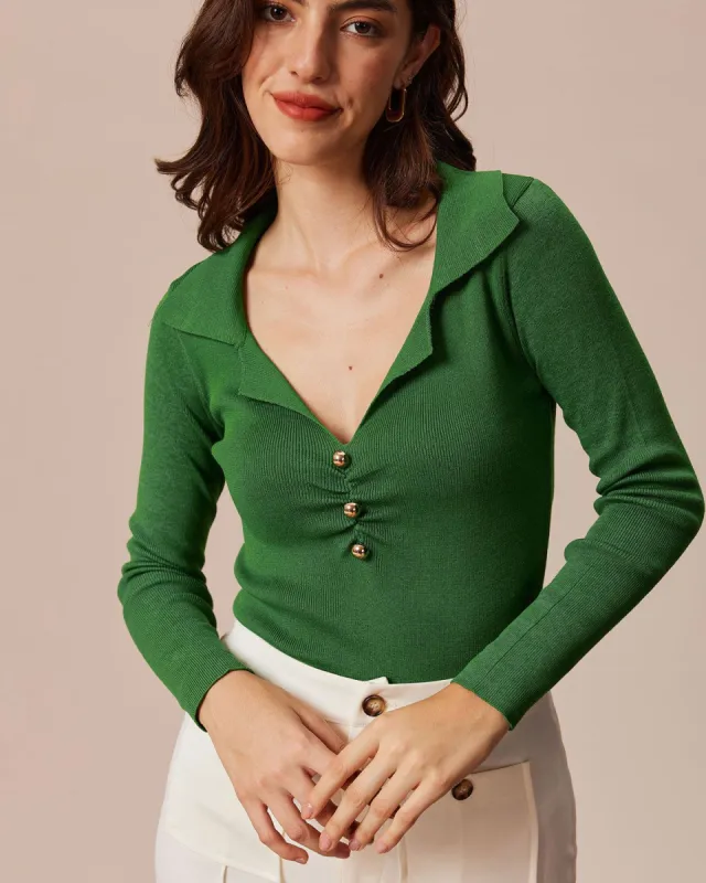 The Green Lapel Ruched Long Sleeve Knit Top sold by rihoas