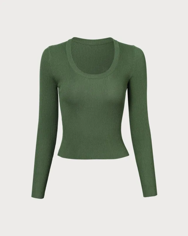 The Green Round Neck Long Sleeve Knit Top sold by rihoas