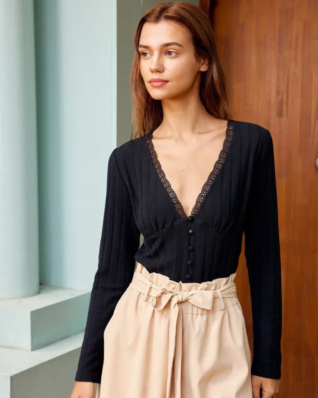 The Black V Neck Ribbed Lace Trim Knit Tee sold by rihoas