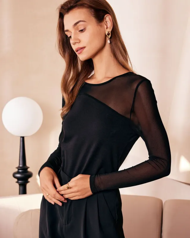 The Black Round Neck Sheer Spliced Knit Top sold by rihoas