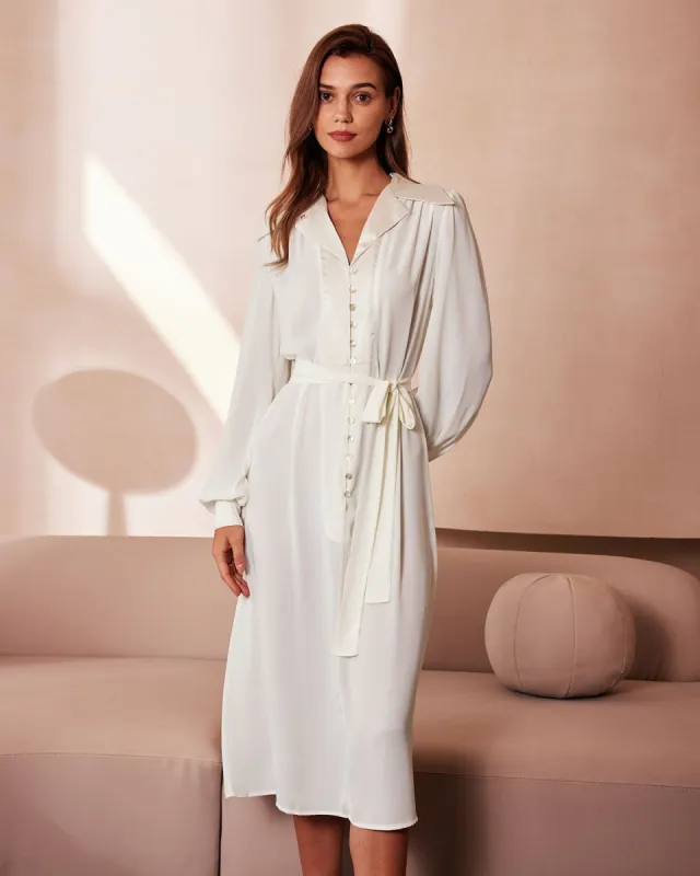 The Beige Lapel Lantern Sleeve Shirt Midi Dress sold by rihoas