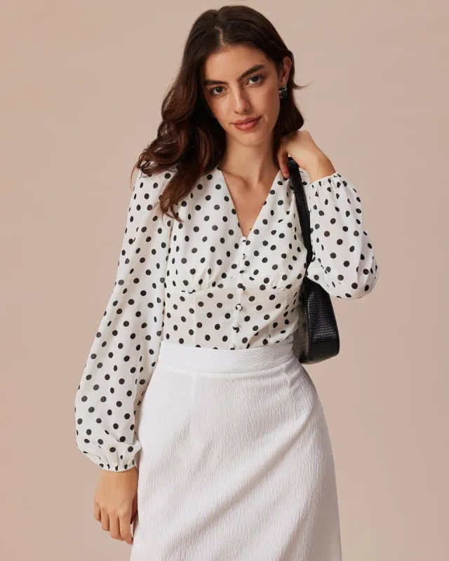 The White V Neck Polka Dot Lantern Sleeve Blouse sold by rihoas