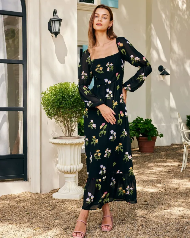 The Black Square Neck Floral Ruffle Maxi Dress sold by rihoas