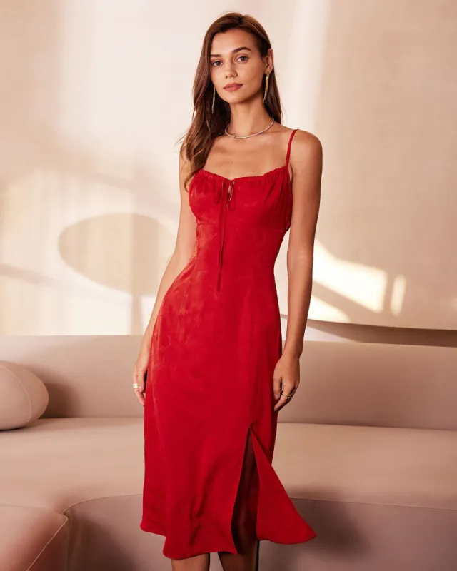 The Red Square Neck Jacquard Satin Midi Dress sold by rihoas