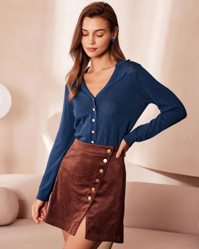 The Navy V Neck Pointelle Button Knit Top sold by rihoas