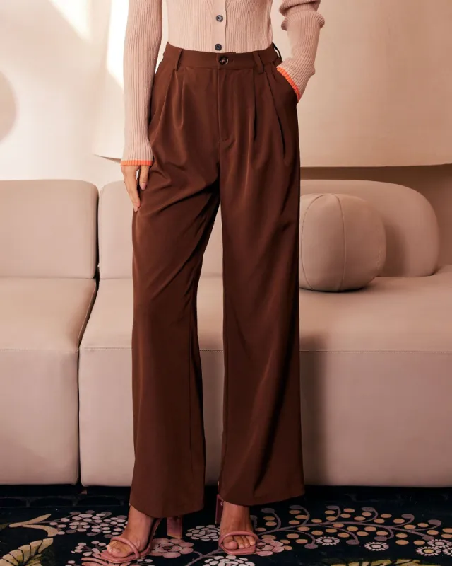 The Brown Pleated Button Wide Leg Pants sold by rihoas