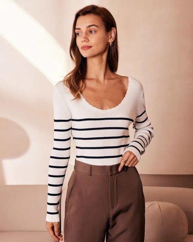 The White Scoop Neck Striped Knit Top sold by rihoas