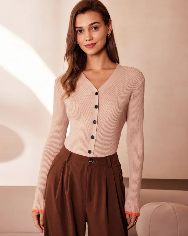 The Khaki V Neck Contrast Trim Knit Top sold by rihoas