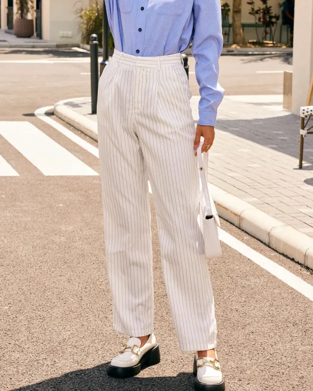 The White Pleated Striped Straight Leg Pants sold by rihoas