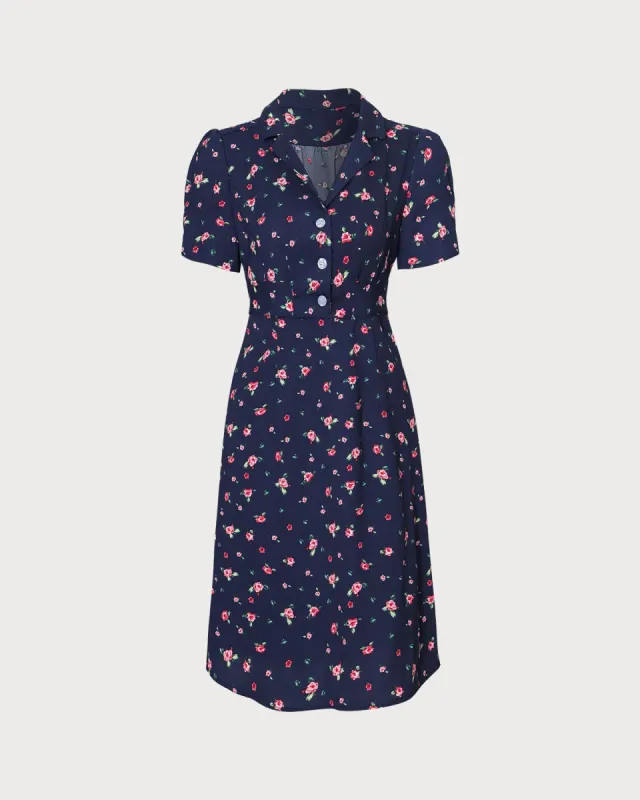 The Navy Lapel Puff Sleeve Shirt Midi Dress sold by rihoas