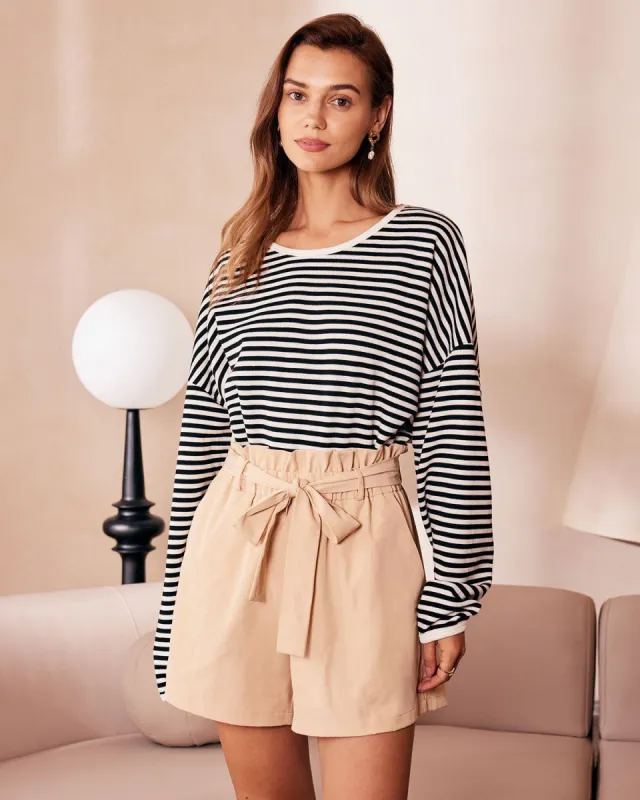The Black Round Neck Striped Knit Sweatshirt sold by rihoas