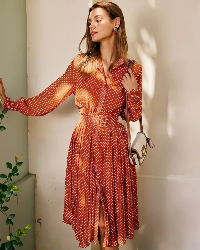 The Orange Lapel Polka Dot Pleated Midi Dress sold by rihoas