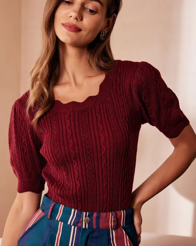 The Brick Red Scalloped Pointelle Knit Tee sold by rihoas