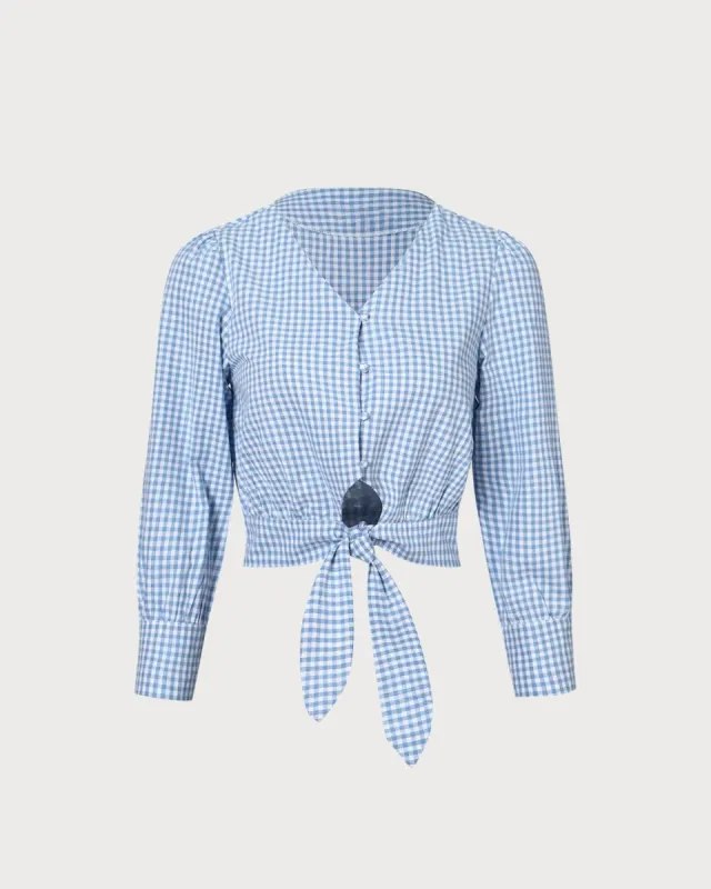 The Blue V Neck Plaid Cutout Ruched Blouse sold by rihoas