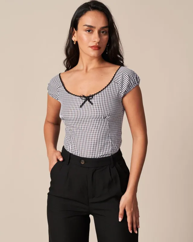 The Black Round Neck Plaid Lace Trim Blouse sold by rihoas