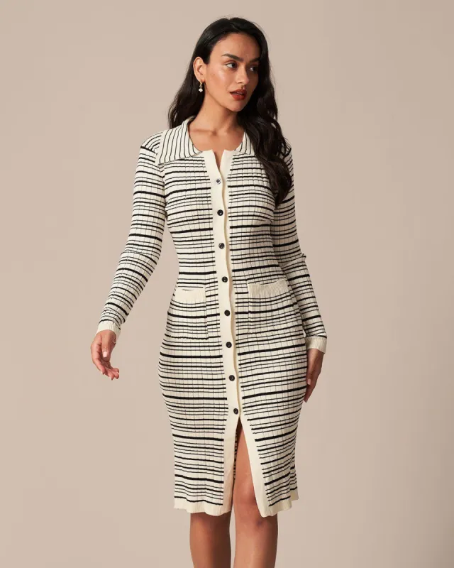 The Apricot Collared Striped Knit Midi Dress sold by rihoas