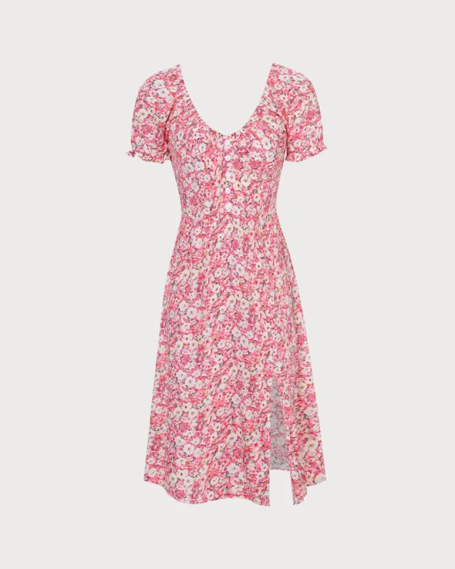 The Pink U Neck Floral Puff Sleeve Midi Dress sold by rihoas
