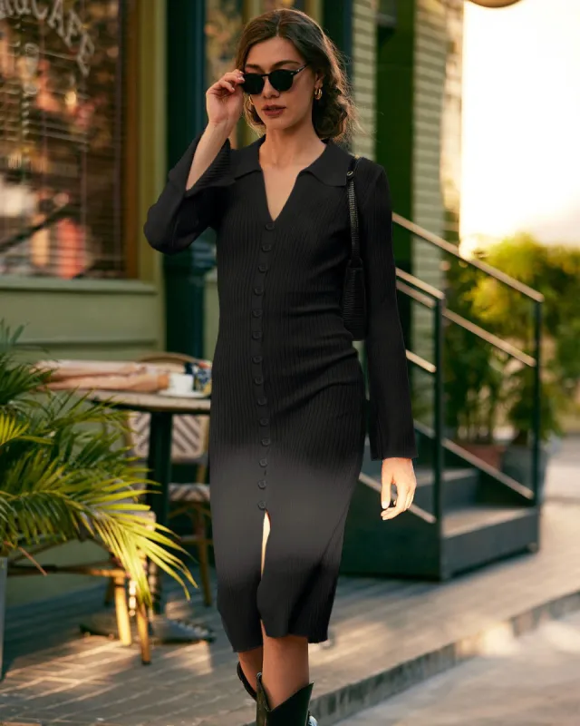 The Black Button Up Long Sleeve Sweater Midi Dress sold by rihoas
