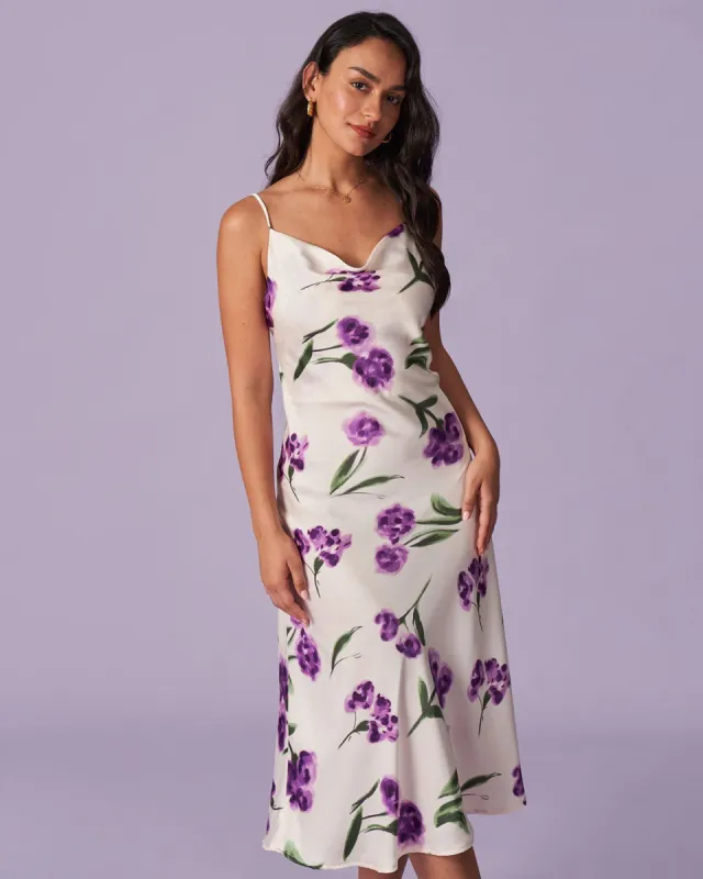 The Purple Cowl Neck Floral Satin Midi Dress sold by rihoas