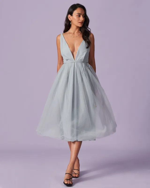 The Light Blue Deep V Neck Mesh Midi Dress sold by rihoas