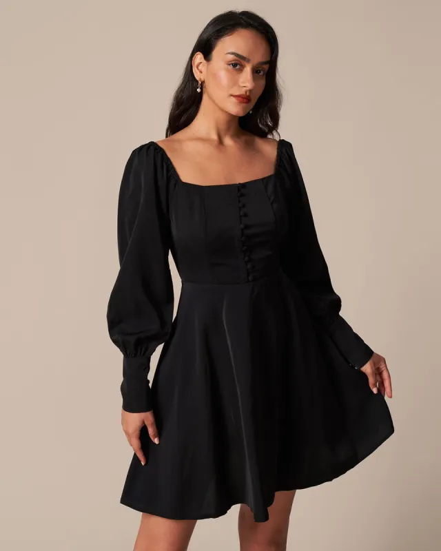 The Black Button Lantern Sleeve Mini Dress sold by rihoas
