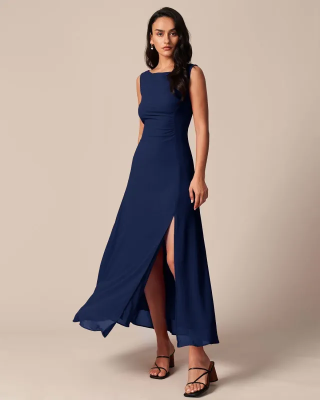The Navy Cowl Neck Cutout Ruched Maxi Dress sold by rihoas