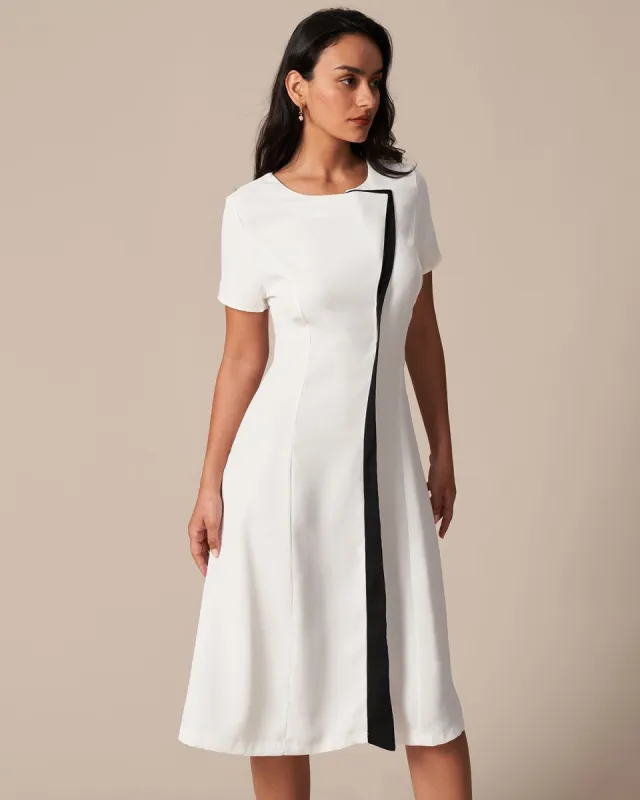 The White Round Neck Contrast Trim Midi Dress sold by rihoas