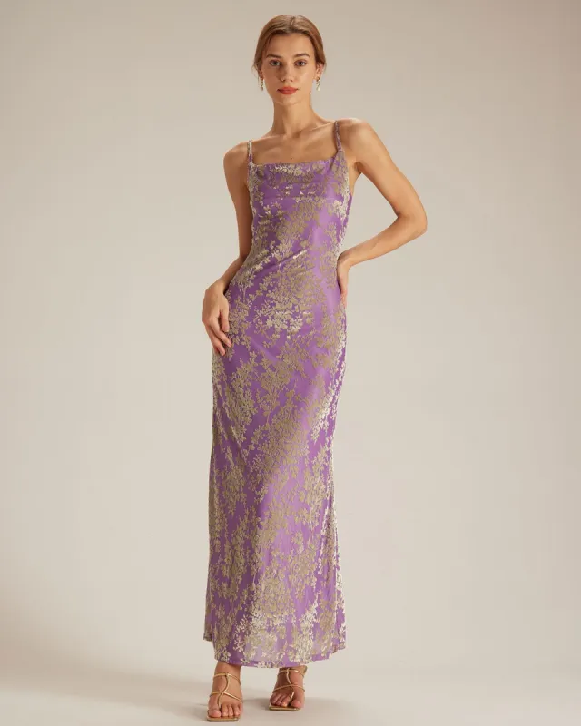 The Purple Cowl Neck Cutout Back Maxi Dress sold by rihoas