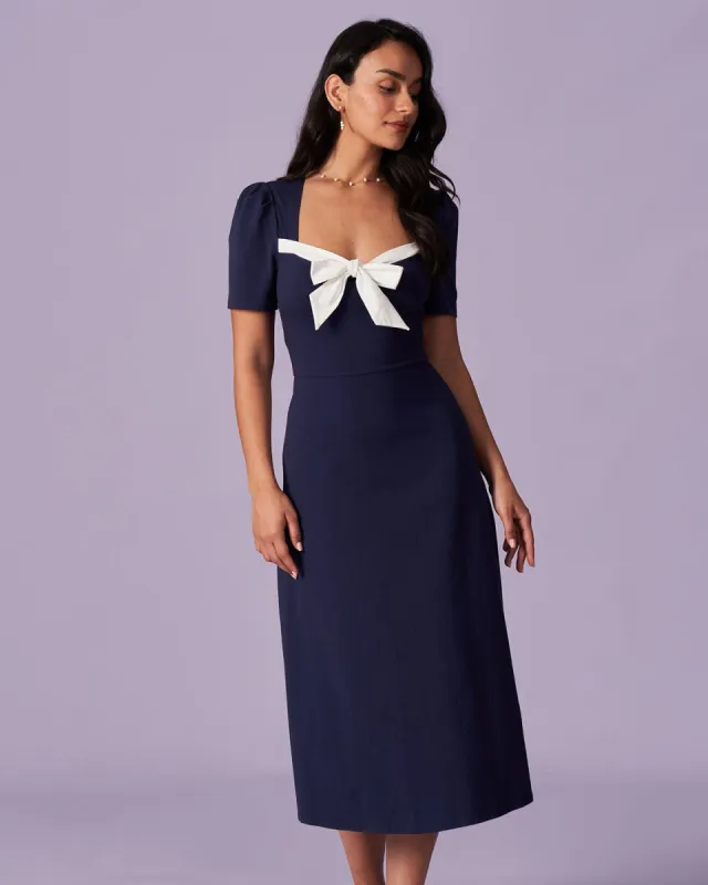 The Navy Sweetheart Neck Tie Front Midi Dress sold by rihoas