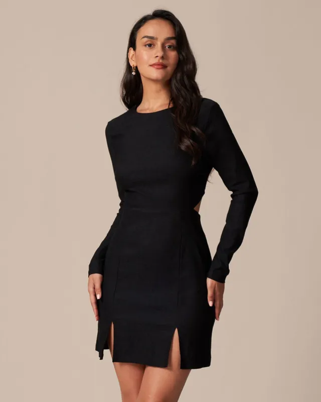 The Black Round Neck Cutout Slit Mini Dress sold by rihoas