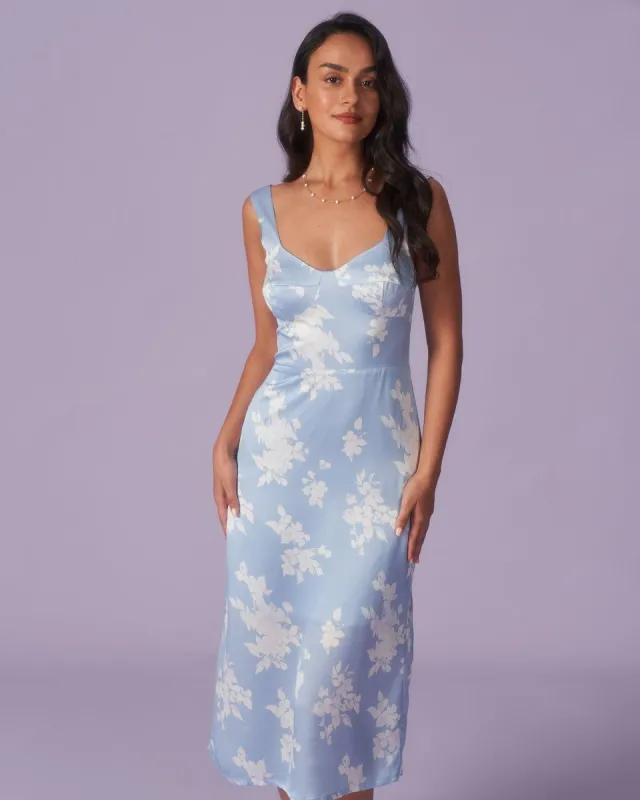 The Blue Floral Print Backless Slit Midi Dress sold by rihoas