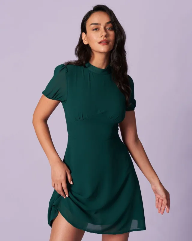 The Green Mock Neck Puff Sleeve Mini Dress sold by rihoas
