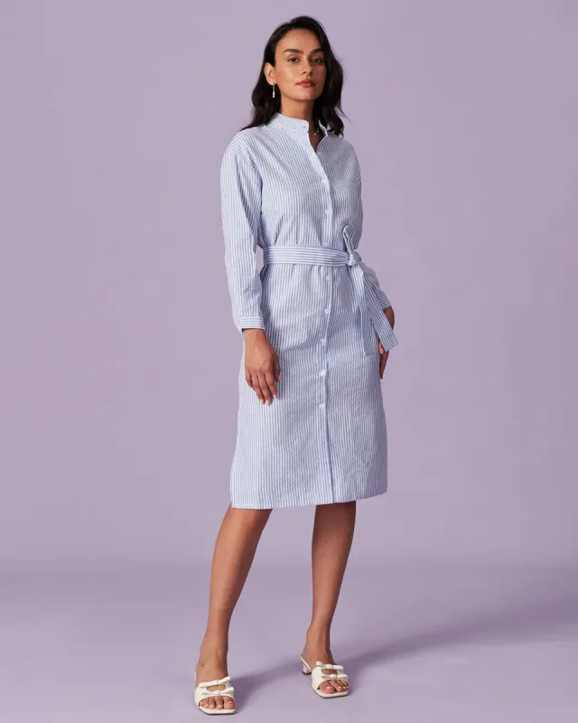 The Blue Round Neck Striped Belted Midi Dress sold by rihoas