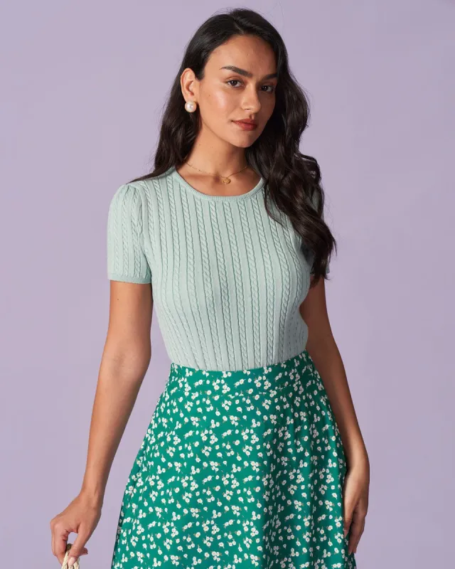 The Light Blue Round Neck Cable Knit Tee sold by rihoas