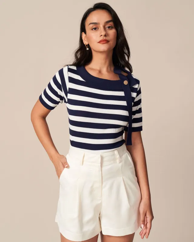 The Navy Round Neck Striped Button Knit Tee sold by rihoas