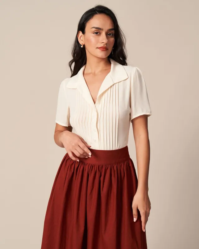 The Beige Collared Pleated Button Up Shirt sold by rihoas