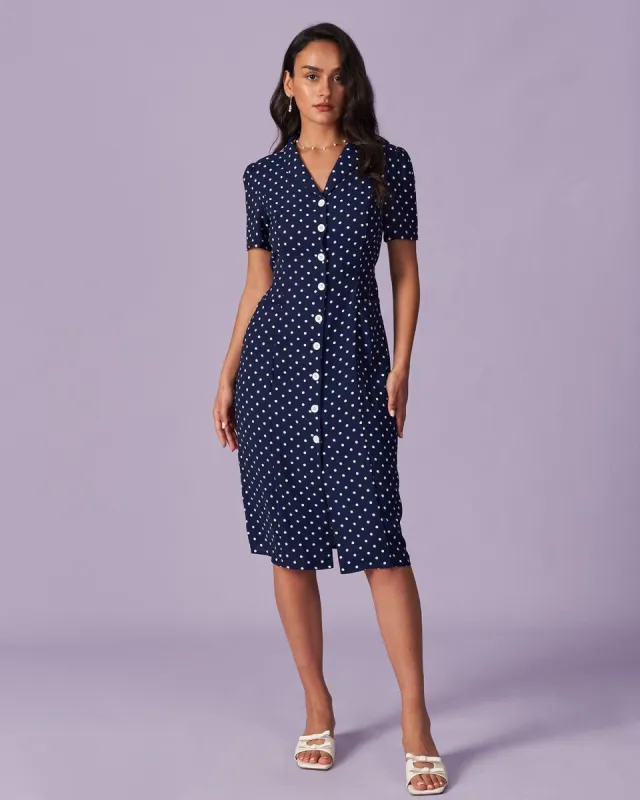 The Navy Lapel Polka Dot Button Midi Dress sold by rihoas