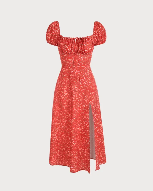 The Square Neck Side Slit Polka Dot Midi Dress sold by rihoas