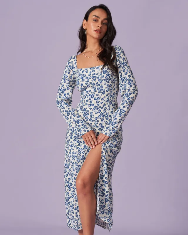 The Blue Square Neck Floral Slit Midi Dress sold by rihoas