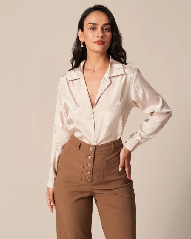 The Apricot Collared Jacquard Button Satin Shirt sold by rihoas